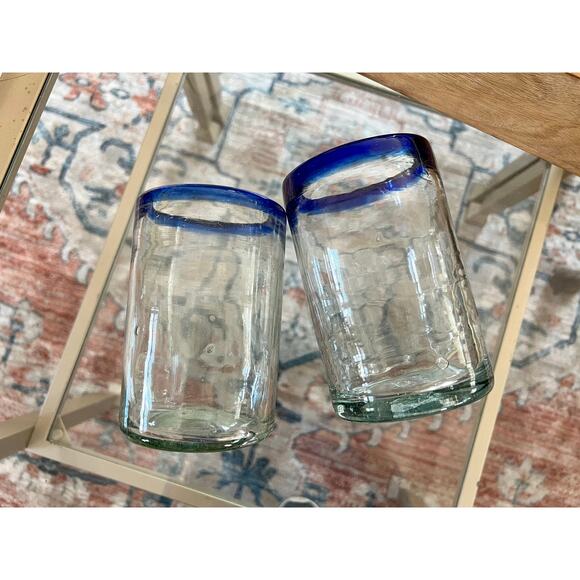 Vintage Mexican Hand Blown Cobalt Blue-Rimmed Glasses / Juice Water Glass - Picture 4 of 10